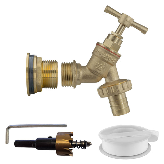 1" Brass Water Butt Set with Barbed Brass Tap & Hole Saw Drill Bit