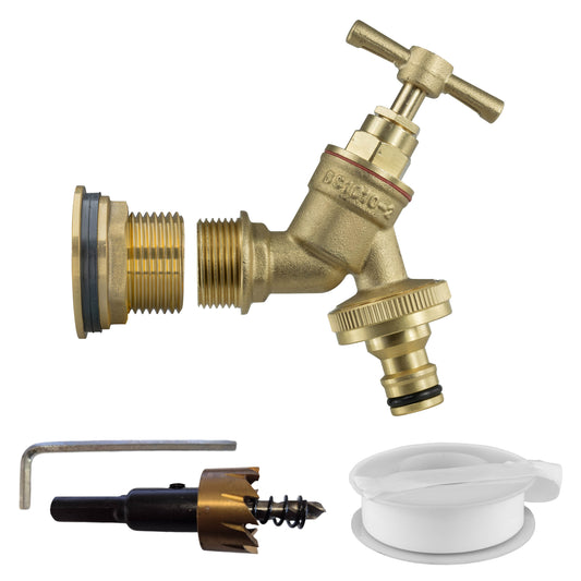 1" Water Butt Fitting Set with Brass Click-Lock Tap and Hole Saw Bit