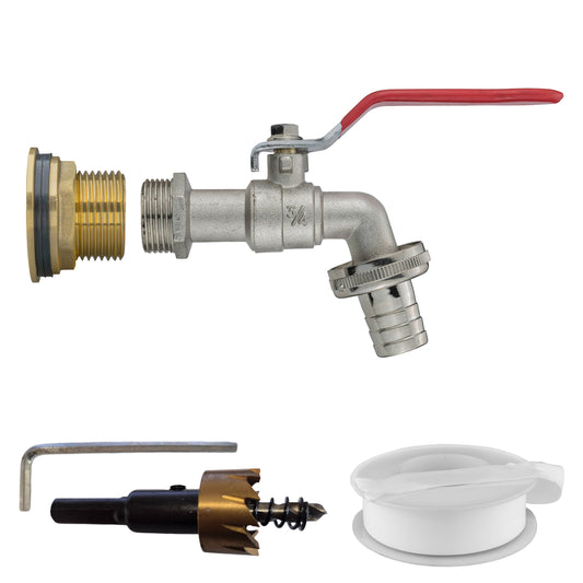 1" Brass Water Butt Fitting Set with Hose Barb Lever Tap & Hole Saw