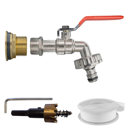 1" Brass Water Butt Set with Lever-Operated Quick Connect Tap & Hole Saw