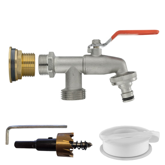 1" Water Butt Brass Set with Twin Tap Adapter & Hole Saw Drill Bit