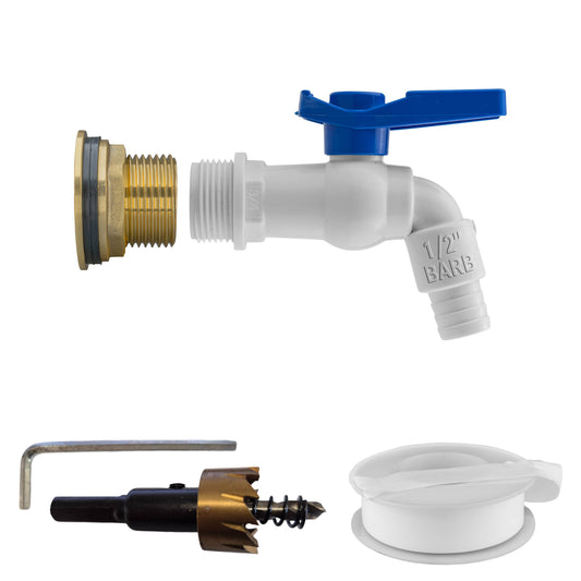 1" Water Butt Brass Fitting Set with White Plastic Tap & Drill Bit