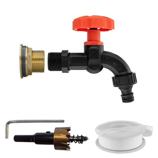 1’’ Water Butt Brass Set with Black Garden Tap & Hole Saw Cutter
