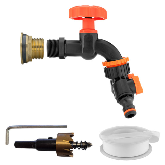 1’’ Water Butt Brass Set with Black Dial Tap, Dual Outlet Splitter & Drill Bit