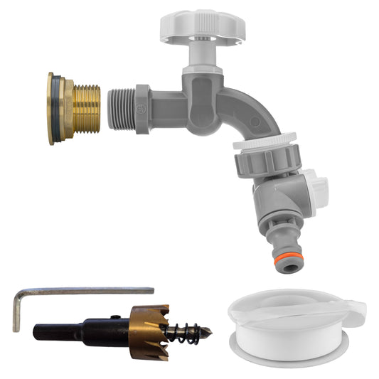 1’’ Water Butt Brass Set with Grey Dial Tap, Dual Outlet Splitter & Drill Bit