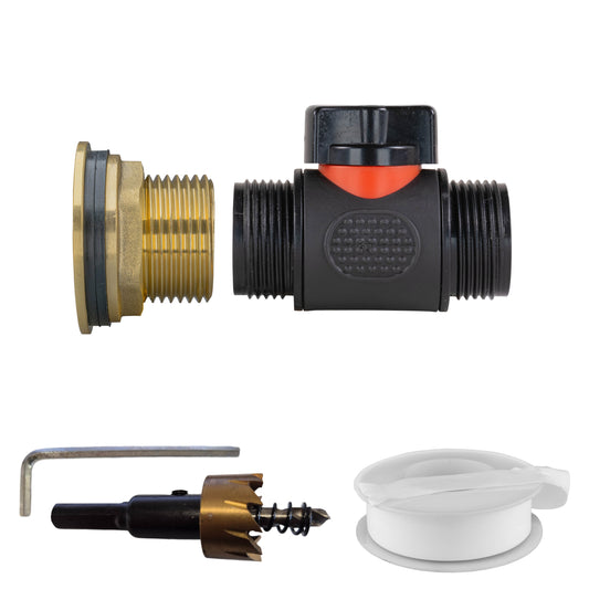 1’’ Brass Water Butt Fitting Set with 3/4" BSP In-Line Valve & Hole Saw Drill Bit