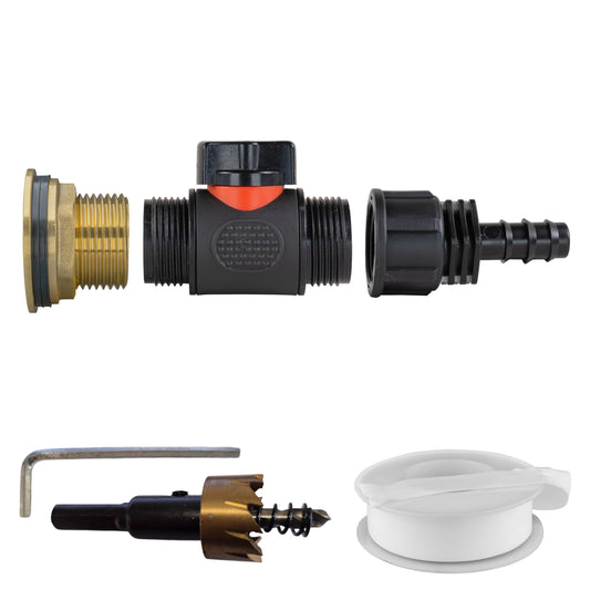 1" Brass Water Butt Set with In-Line Valve, 16mm Hose Barb & Drill Bit