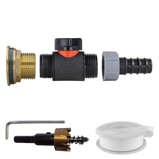 1" Brass Water Butt Set with In-Line Valve, 20mm Hose Barb & Drill Bit