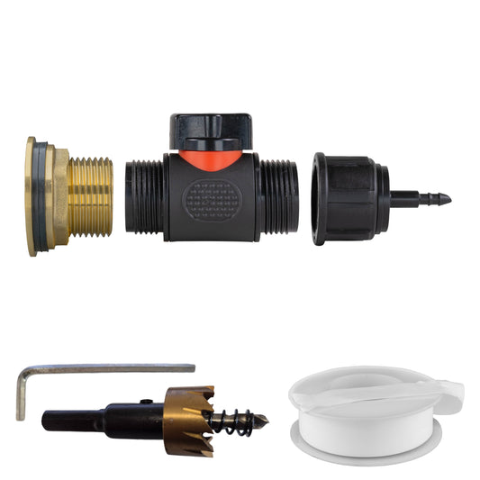 1" Brass Water Butt Set with In-Line Valve, 4mm Hose Barb & Drill Bit