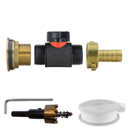 1" Water Butt Brass Set with In-Line Valve, 1/2" Hose Tail and Hole Saw