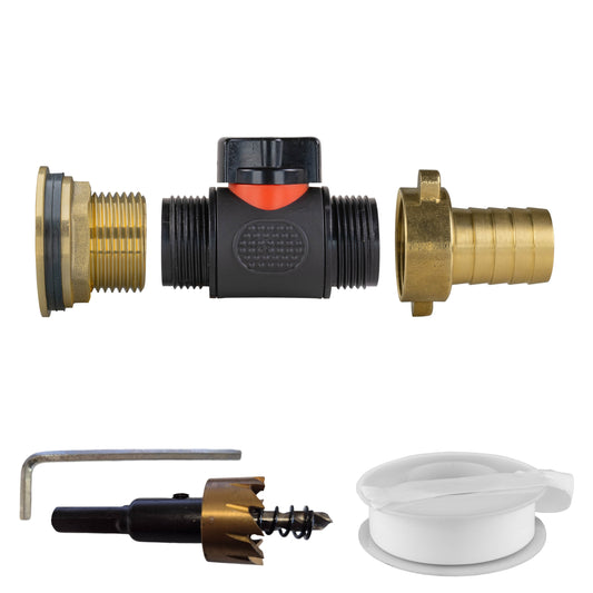 1" Water Butt Brass Set with In-Line Valve, 3/4" Hose Tail Fitting and Hole Saw