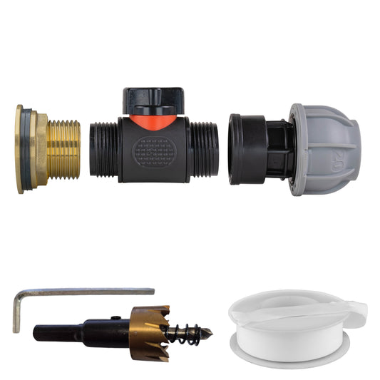 1" Brass Water Butt Set with In-Line Valve, 20mm MDPE Connector and Hole Saw Cutter