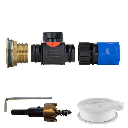 1" Brass Water Butt Fitting Set with In-Line Valve, Blue Female Quick Connector & Drill Bit