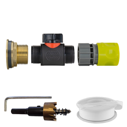 1" Brass Water Butt Fitting Set with In-Line Valve, Lime Female Quick Connector & Drill Bit