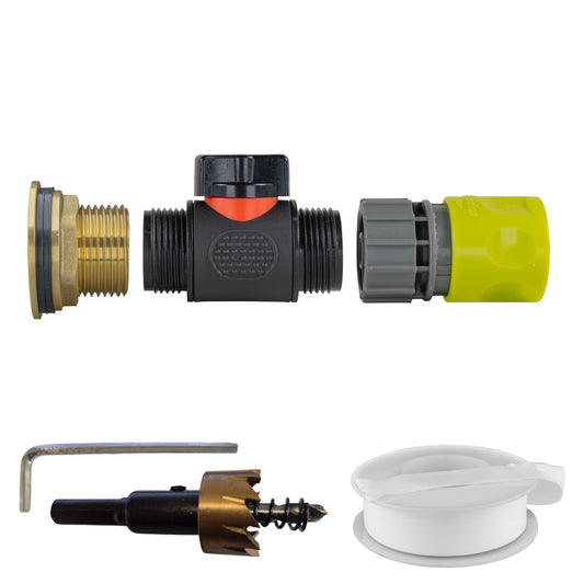 1" Brass Water Butt Fitting Set with In-Line Valve, Lime Female Quick Connector & Drill Bit