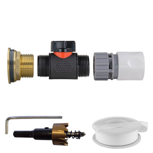 1" Brass Water Butt Fitting Set with In-Line Valve, WL Female Quick Connector & Drill Bit