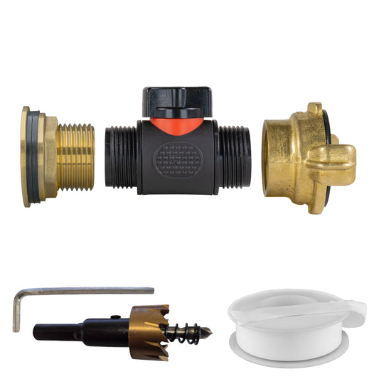 1" Brass Water Butt Set with In-Line Valve, Geka Connector and Hole Saw