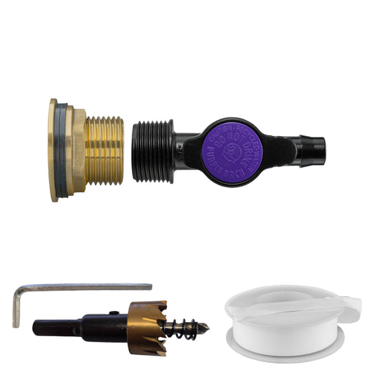 1" Water Butt Brass Fitting Set with 13mm Barbed Irrigation Valve & Hole Saw Cutter
