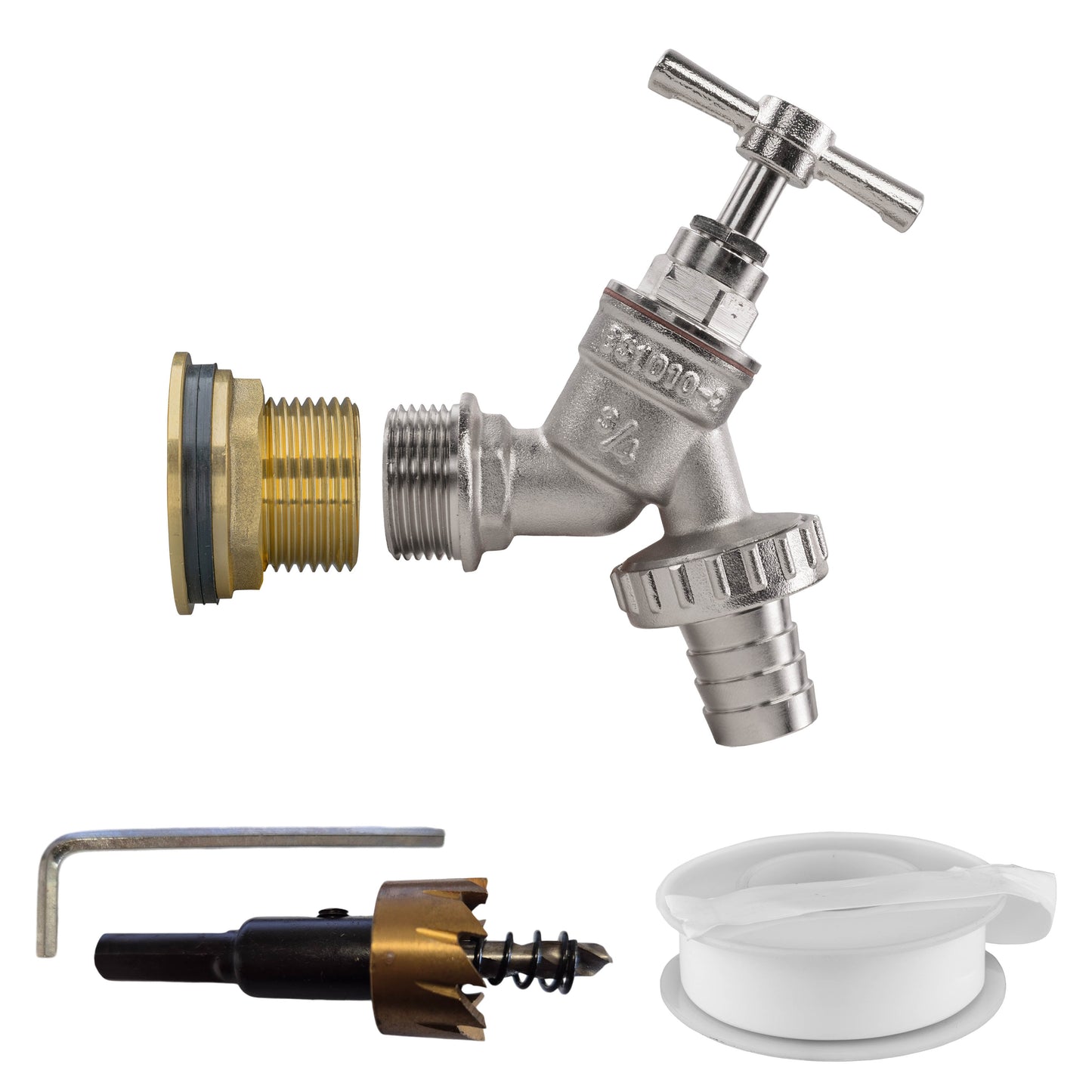 1" Brass Water Butt Set with Nickel-Plated Barbed Hose Tap & Hole Saw