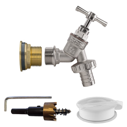 1" Brass Water Butt Set with Nickel-Plated Barbed Hose Tap & Hole Saw