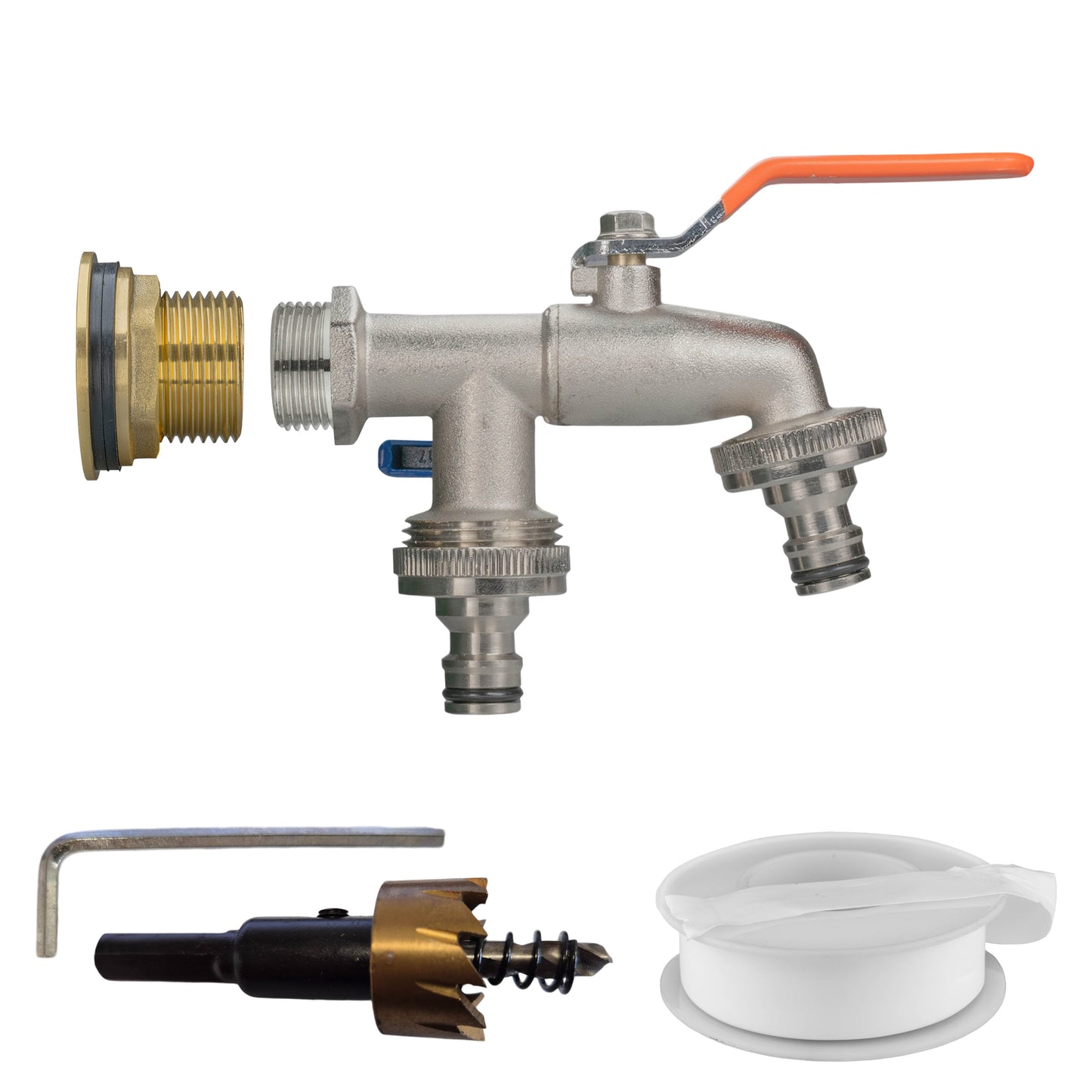 1" Brass Water Butt Set with Twin Quick-Connect Tap and Drill Bit