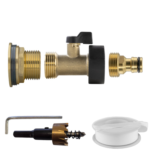 1" Brass Water Butt Set with Shut-Off Valve, Quick-Connect Fitting & Drill Bit