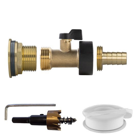 1" Brass Water Butt Set with Brass Tap, 13mm Hose Barb & Drill Bit