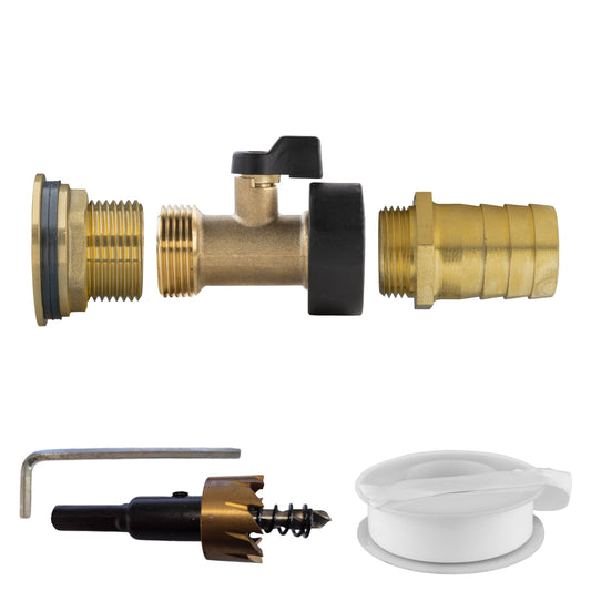 1" Brass Water Butt Set with 25mm Hose Barb, Brass Tap & Drill Bit