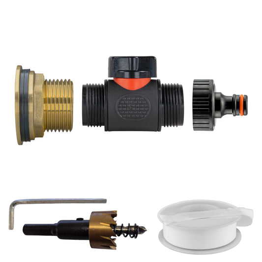 1" Brass Water Butt Set with In-Line Tap, Quick-Connect Fitting & Drill Bit