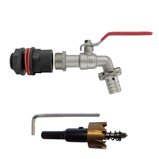 ¾" Water Butt Set with Lever Tap, Hose Barb & Drill Bit
