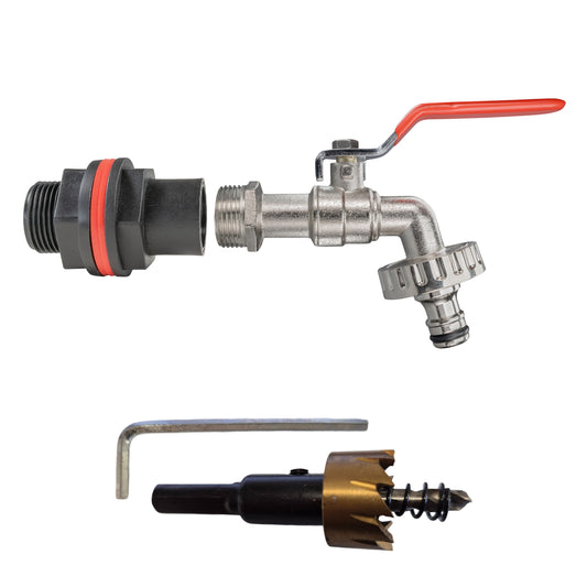 3/4" Water Butt Fitting Set with Quick-Connect Lever Tap & Drill Bit