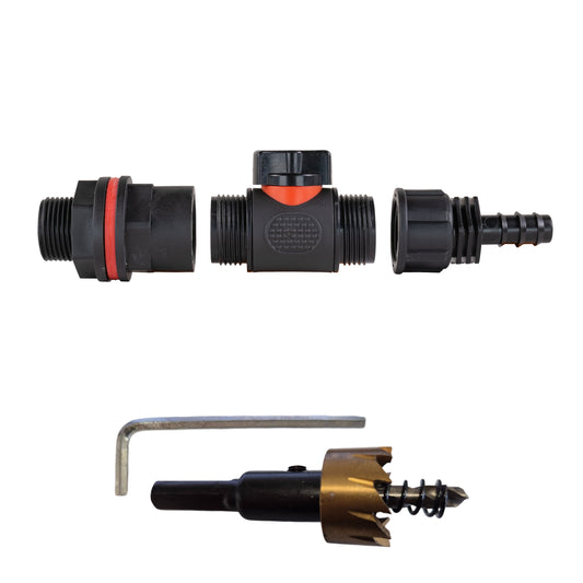 3/4" Water Butt Connector Set with In-Line Valve, 1/2" Hose Barb & Drill Bit