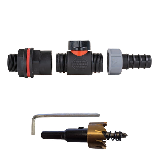 3/4" Water Butt Connector Set with In-Line Valve, 3/4" Hose Barb & Drill Bit