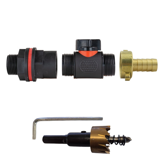 3/4" Water Butt Set with In-Line Valve, 13mm Brass Hose Tail & Drill Bit