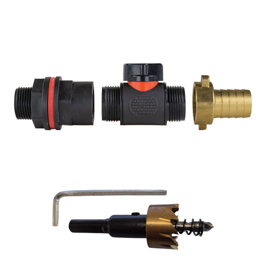 3/4" Water Butt Set with In-Line Valve, 19mm Brass Hose Tail & Drill Bit