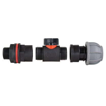 ¾” Water Butt Set with In-Line Shut-Off Valve, 25mm MDPE Connector and Drill Bit
