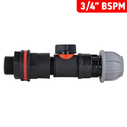 ¾” Water Butt Set with In-Line Shut-Off Valve, 25mm MDPE Connector and Drill Bit
