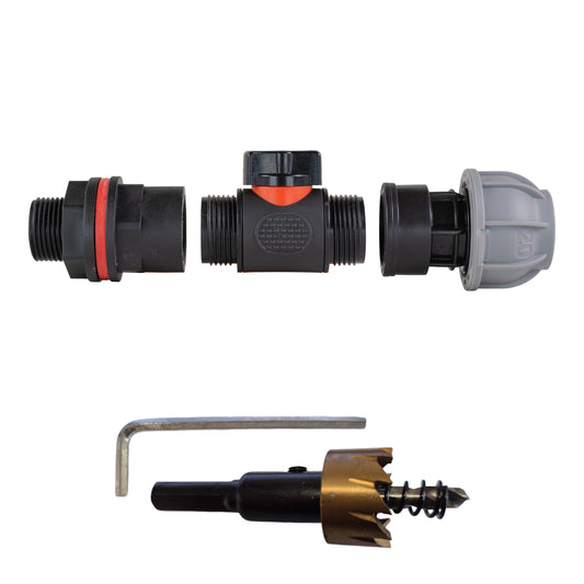 ¾” Water Butt Set with In-Line Shut-Off Valve, 25mm MDPE Connector and Drill Bit