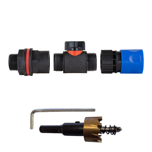 ¾” Water Butt Set with In-Line Shut-Off Valve, Blue Female Hose Connector and Drill Bit