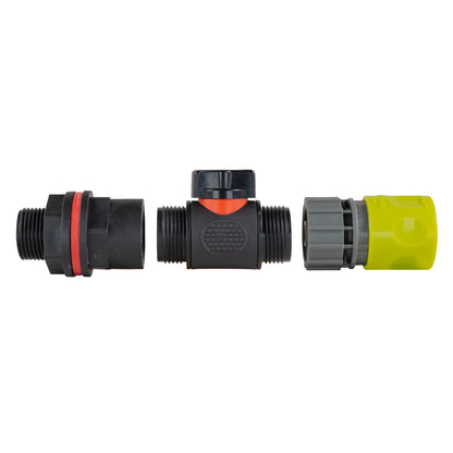 ¾” Water Butt Set with In-Line Shut-Off Valve, Lime Female Hose Connector and Drill Bit