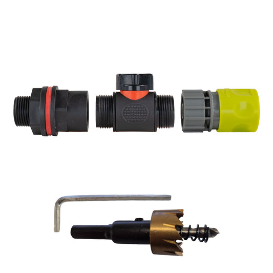 ¾” Water Butt Set with In-Line Shut-Off Valve, Lime Female Hose Connector and Drill Bit