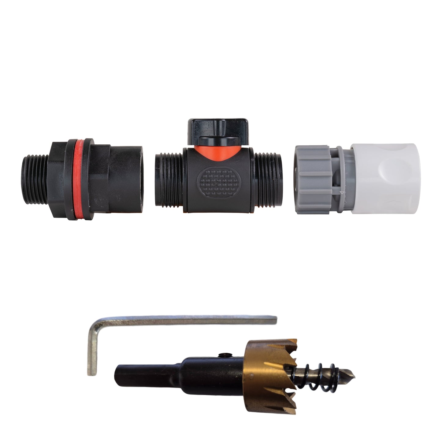 ¾” Water Butt Set with In-Line Shut-Off Valve, WL Female Hose Connector and Drill Bit
