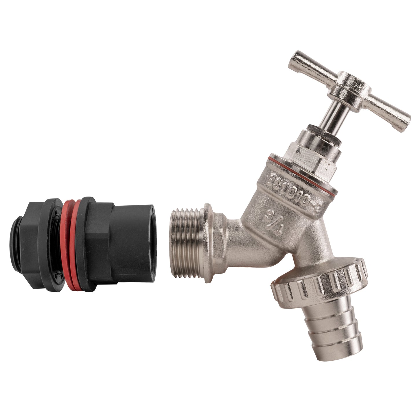 ¾’’ Water Butt Connection Set with Nickel-Plated Hose Barb Tap and Drill Bit