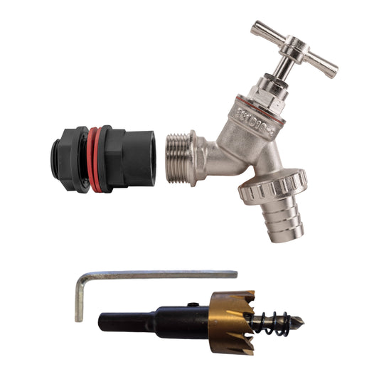 ¾’’ Water Butt Connection Set with Nickel-Plated Hose Barb Tap and Drill Bit