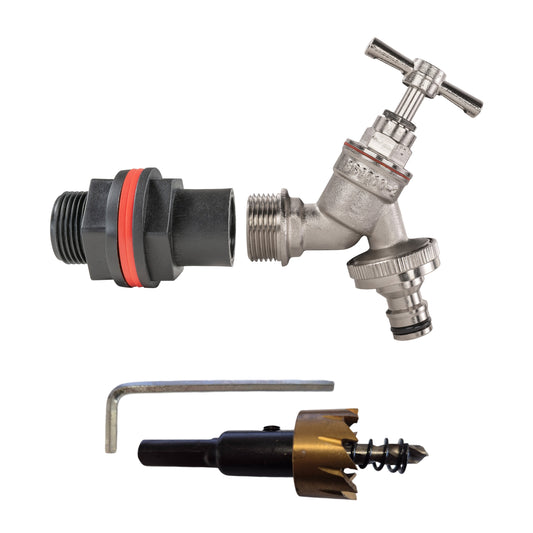 ¾" Water Butt Set with Nickel-Plated Quick-Connect Garden Tap and Drill Bit