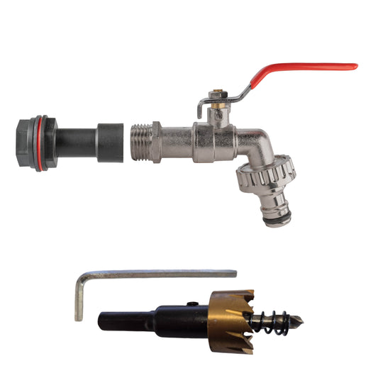 1/2’’ Water Butt Extension Set with Lever Tap and Snap-On Hose Connector + Drill Bit