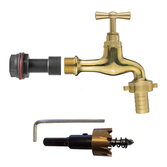 1/2’’ Water Butt Fitting Set with 13mm Polished Brass Hose Barb Tap & Hole Cutter