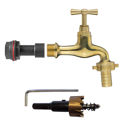 1/2’’ Water Butt Fitting Set with 15mm Polished Brass Hose Barb Tap & Hole Cutter