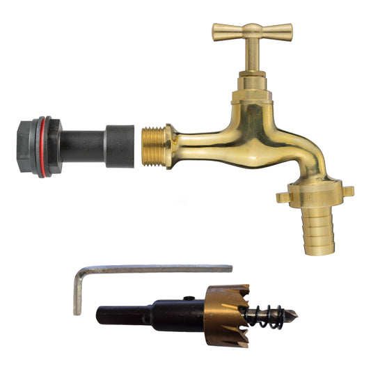1/2’’ Water Butt Fitting Set with 19mm Polished Brass Hose Barb Tap & Hole Cutter