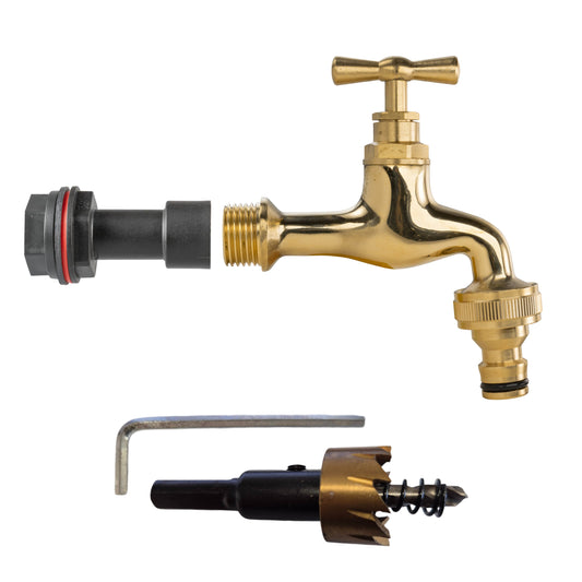 1/2’’ Water Butt Fitting Set with Polished Brass Snap-On Tap & Hole Cutter